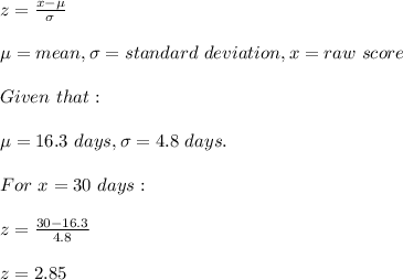 z=\frac{x-\mu}{\sigma}\\ \\\mu=mean, \sigma=standard\ deviation, x=raw\ score\\\\Given \ that:\\\\\mu=16.3\ days, \sigma=4.8\ days.\\\\For\ x=30\ days:\\\\z=\frac{30-16.3}{4.8}\\ \\z=2.85