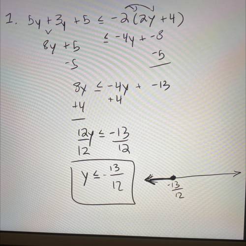 Solve each inequality and graph the solution.

1. 5y + 3y + 5 ≤ ‐2(2y + 4)
2 .4n – 2n ≤ 18 
3. 
‐(5k