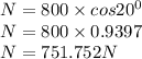 N=800 \times cos20^0\\N=800 \times 0.9397\\N=751.752N