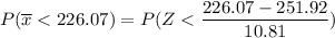 P( \overline x < 226.07) = P(Z < \dfrac{226.07 - 251.92 }{10.81})