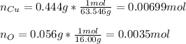 n_{Cu}=0.444g*\frac{1mol}{63.546 g} =0.00699mol\\\\n_O=0.056g*\frac{1mol}{16.00g}=0.0035mol