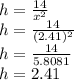 h=\frac{14}{x^2}\\h=\frac{14}{(2.41)^2}\\h=\frac{14}{5.8081}\\h= 2.41