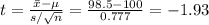 t=\frac{\bar x-\mu}{s/\sqrt{n}}=\frac{98.5-100}{0.777}=-1.93