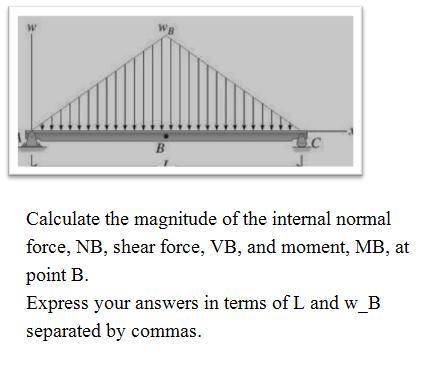 Calculate the magnitude of the internal normal force, NB, shear force, VB, and moment, MB, at point