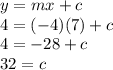 y=mx+c\\4=(-4)(7)+c\\4=-28+c\\32=c
