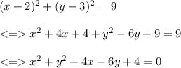 (x+2)^2+(y-3)^2=9\\\\ x^2+4x+4+y^2-6y+9=9\\ \\x^2+y^2+4x-6y+4=0