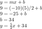 y = mx + b\\9 = (-10)(5)/2 + b\\9 = -25 + b\\b = 34\\y = \frac{5}{2}x + 34