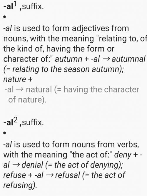 Help fast
What is the meaning of the Latin suffix -al when it is used to form adjectives?