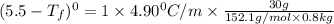(5.5-T_f)^0=1\times 4.90^0C/m\times \frac{30g}{152.1 g/mol\times 0.8kg}