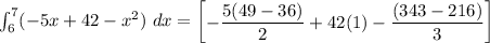 \int^7_6 (-5x +42 -x^2) \ dx= \begin {bmatrix}- \dfrac{5(49-36)}{2}+ 42(1) -\dfrac{(343-216)}{3} \end {bmatrix}