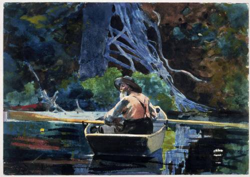 A painting of the back of a man in a row boat in the water. There are trees in the background. His h