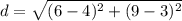 d=\sqrt{(6-4)^{2} +(9-3)^{2} }