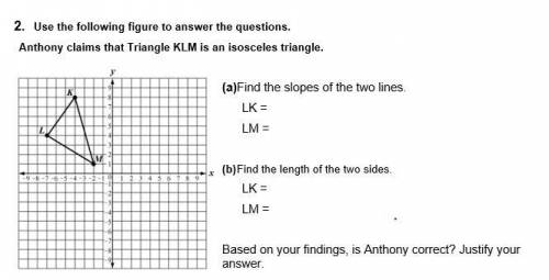 2. Use the following figure to answer the questions.

Anthony claims that Triangle KLM is an isoscel