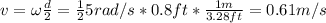 v = \omega \frac{d}{2} = \frac{1}{2}5 rad/s*0.8 ft*\frac{1 m}{3.28 ft} = 0.61 m/s