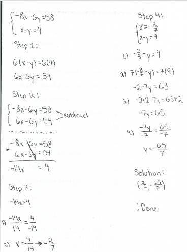 Solve the system of equations -8x-6y=58 and x-y=9