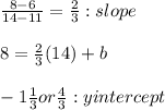 \frac{8-6}{14-11} = \frac{2}{3} : slope\\\\8 = \frac{2}{3} (14) + b\\\\-1\frac{1}{3}  or  \frac{4}{3} : y intercept
