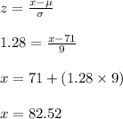 z=\frac{x-\mu}{\sigma}\\\\1.28=\frac{x-71}{9}\\\\x=71+(1.28\times 9)\\\\x=82.52