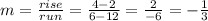 m=\frac{rise}{run}=\frac{4-2}{6-12}=\frac{2}{-6}=   -\frac{1}{3}