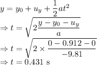 y=y_0+u_y+\dfrac{1}{2}at^2\\\Rightarrow t=\sqrt{2\dfrac{y-y_0-u_y}{a}}\\\Rightarrow t=\sqrt{2\times \dfrac{0-0.912-0}{-9.81}}\\\Rightarrow t=0.431\ \text{s}