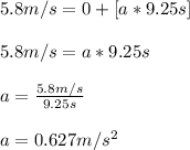 5.8m/s = 0 + [ a * 9.25s ]\\\\5.8m/s = a * 9.25s\\\\a = \frac{5.8m/s}{9.25s}\\\\a = 0.627m/s^2