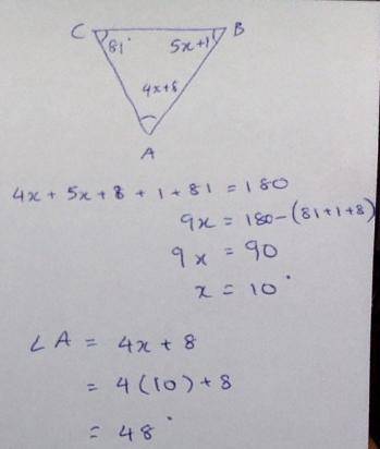 Find The Measure Of Angle A In The Triangle