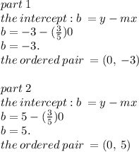 part \: 1 \\  the \: intercept : b \:  = y - mx \\ b =   - 3 - ( \frac{3}{5} )0  \\ b =  - 3.  \\ the \: ordered \: pair \:  = (0 ,\:  - 3) \\  \\ part \: 2 \\ the \: intercept : b \:  = y - mx \\ b =   5 - ( \frac{3}{5} )0  \\ b =  5.  \\ the \: ordered \: pair \:  = (0 ,\:   5)