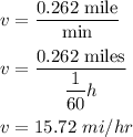 v=\dfrac{0.262\ \text{mile}}{\text{min}}\\\\v=\dfrac{0.262\ \text{miles}}{\dfrac{1}{60}h}\\\\v=15.72\ mi/hr