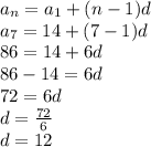 a_{n}=a_{1} +(n-1)d\\a_{7}=14 +(7-1)d\\86=14+6d\\86-14=6d\\72=6d\\d=\frac{72}{6}\\d=12