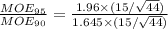 \frac{MOE_{95}}{MOE_{90}}=\frac{1.96\times (15/\sqrt{44})}{1.645\times (15/\sqrt{44})}