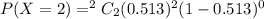 P(X=2)=^2C_2(0.513)^2(1-0.513)^0