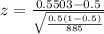z =  \frac{ 0.5503  - 0.5}{\sqrt{\frac{0.5(1 - 0.5) }{885} } }