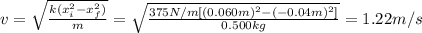 v = \sqrt{\frac{k(x_{i}^{2} - x_{f}^{2})}{m}} = \sqrt{\frac{375 N/m[(0.060m)^{2} - (-0.04 m)^{2}]}{0.500 kg}} = 1.22 m/s