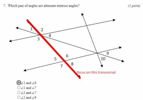 Help please I need a correct answer really fast!!

Which pair of angles are alternate exterior angle