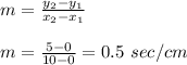 m=\frac{y_2-y_1}{x_2-x_1} \\\\m=\frac{5-0}{10-0}=0.5\ sec/cm