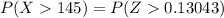 P(X   145  ) =  P(Z   0.13043)