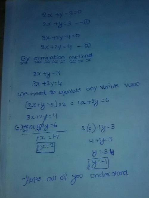Solve the following system of equations for y:
2x + y - 3 - 0
and
3x + 2y - 4 = 0