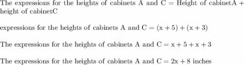 \rm The \ expressions \ for\  the \ heights \ of \ cabinets\  A \ and \ C =  Height \ of \ cabinet A + height \ of \ cabinet C \\\\\The \ expressions \ for\  the \ heights \ of \ cabinets\  A \ and \ C  = (x + 5) + (x + 3)\\\\ The \ expressions \ for\  the \ heights \ of \ cabinets\  A \ and \ C = x + 5 + x + 3\\\\ The \ expressions \ for\  the \ heights \ of \ cabinets\  A \ and \ C= 2x + 8\  inches