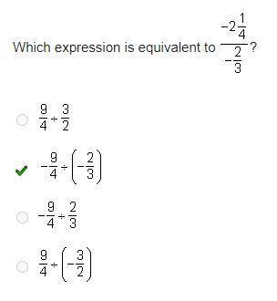 Which expression is equivalent to Negative 2 and one-fourth divided by negative two-thirds?

StartFr