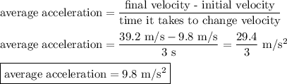 \text{average acceleration}=\dfrac{\text{final velocity - initial velocity}}{\text{time it takes to change velocity}}\\\\\text{average acceleration}=\dfrac{39.2\text{ m/s}-9.8\text{ m/s}}{3\text{ s}}=\dfrac{29.4}{3}\text{ m/s$^2$}\\\\\boxed{\text{average acceleration}=9.8\text{ m/s$^2$}}