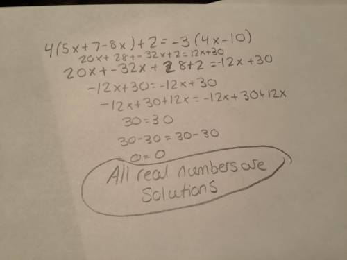 4(5x+7−8x)+2=−3(4x−10) need major help, how do you solve step by step?