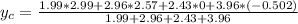 y_c = \frac{1.99 * 2.99 + 2.96 * 2.57 + 2.43 * 0 + 3.96 * (-0.502)}{1.99+ 2.96  + 2.43 + 3.96}