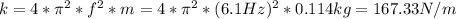 k = 4*\pi ^{2}*f^{2} *m = 4*\pi ^{2} * (6.1Hz)^{2} * 0.114 kg = 167.33 N/m
