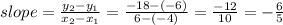 slope = \frac{y_2 - y_1}{x_2 - x_1} = \frac{-18 -(-6)}{6 -(-4)} = \frac{-12}{10} = -\frac{6}{5}