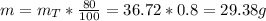 m = m_{T}*\frac{80}{100} = 36.72*0.8 = 29.38 g