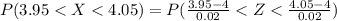 P( 3.95<  X < 4.05 ) =  P( \frac{3.95 - 4 }{ 0.02 }  < Z<  \frac{4.05 - 4}{0.02} )