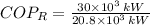 COP_{R} = \frac{30\times 10^{3}\,kW}{20.8\times 10^{3}\,kW}