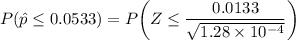 P(\hat p \leq 0.0533) = P\bigg ( Z\leq\dfrac{0.0133}{\sqrt{1.28 \times 10^{-4}}}\bigg )