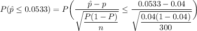 P(\hat p \leq 0.0533) = P\bigg ( \dfrac{\hat p - p}{\sqrt{\dfrac{P(1-P)}{n}}}\leq\dfrac{0.0533 - 0.04}{\sqrt{\dfrac{0.04(1-0.04)}{300}}}\bigg )