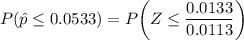 P(\hat p \leq 0.0533) = P\bigg ( Z\leq\dfrac{0.0133}{0.0113}}\bigg )