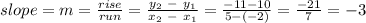slope = m = \frac{rise}{run} = \frac{y_2~-~y_1}{x_2~-~x_1} = \frac {-11-10}{5-(-2)} = \frac {-21}{7} = -3